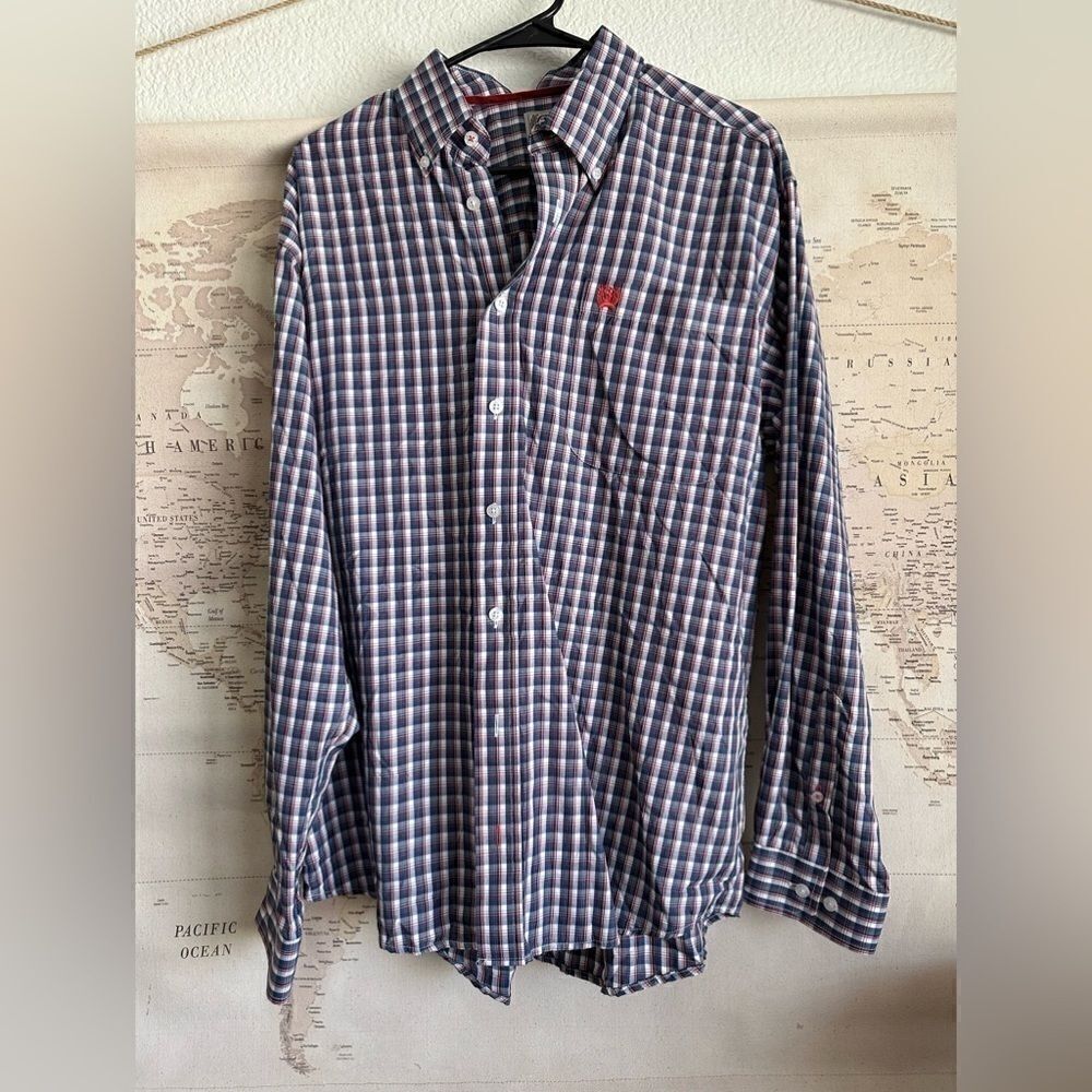 Men’s Cinch Long Sleeve Button Down Western Red Blue Plaid Shirt Size Small